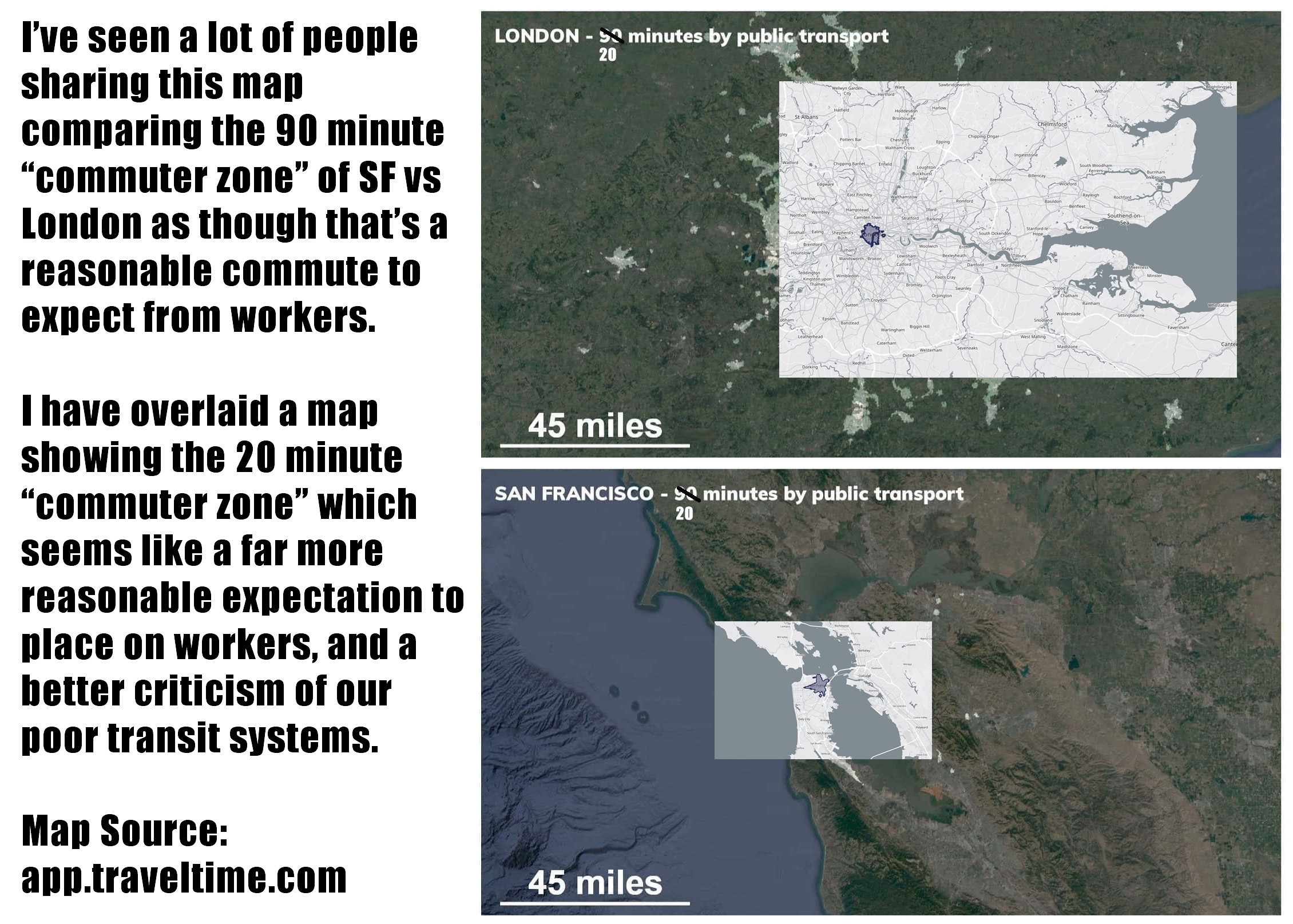 This meme is a humorous comparison between the commute times in San Francisco (SF) and London. The image features two maps, one of SF and one of London, with a red circle around each city's center. The text above the maps reads: "I've seen people complain about SF's 'commute time' vs London's. Let me show you what 90 minutes in the bay area looks like...".